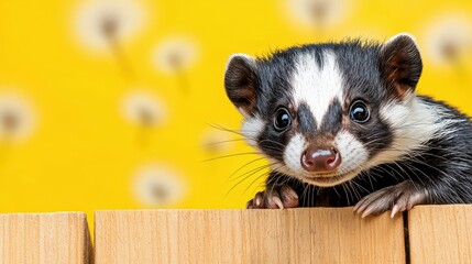 Cute Asian Badger Peeking Over Wooden Fence with Bright Yellow Background and Abstract Shapes