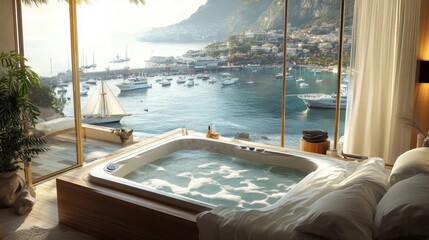 luxury spa bathroom with ocean view