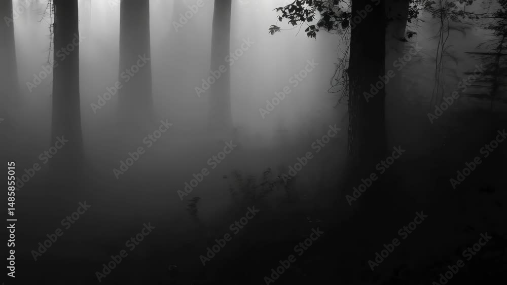 Poster mysterious monochromatic woodland scene featuring tall tree trunks enveloped in dense fog, creating 
