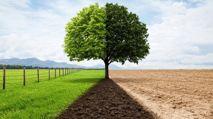 Contrast of Nature and Agriculture with a Tree Dividing Green Grass and Brown Soil Landscape