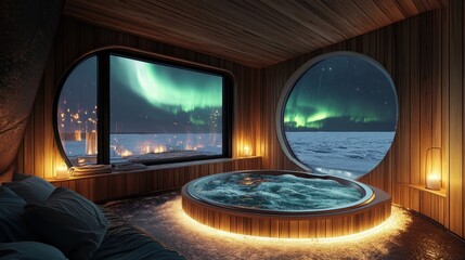 luxurious wooden hot tub with aurora borealis view