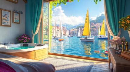 luxurious bedroom with hot tub and stunning ocean view