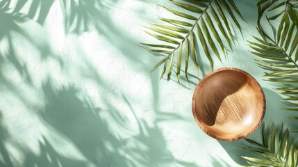 Obraz premium A wooden bowl with a green leaf on a light green background.
