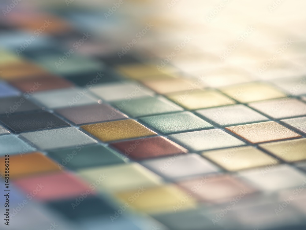 Poster close-up view of colorful square tiles displaying a variety of shades and textures in soft natural l