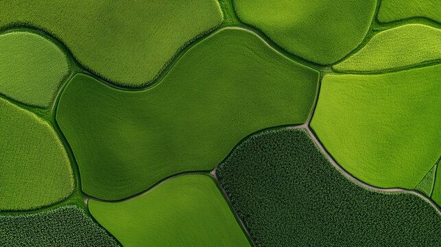 Aerial view of lush green prairie fields in the countryside under a clear sky - agriculture and farming concept