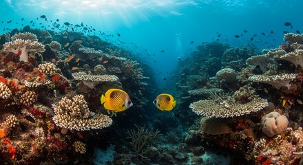 Naklejka premium Colorful Butterflyfish Swimming Among Coral Reefs
