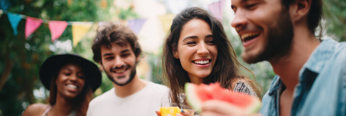 Obraz premium Joyful group enjoying watermelon under colorful bunting outdoors