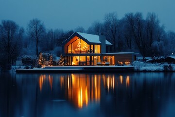 Obraz premium Snowy Lakeside House at Dusk