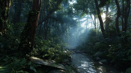 Obraz premium Lush Green Jungle Scene with Misty Atmosphere and Flowing Stream Surrounded by Towering Trees and Vibrant Foliage