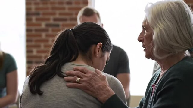 Silver Haired Elderly Woman Offering Compassionate Comfort to a Young Woman in Grey Shirt During Support Group Meeting With Supportive Caretaker