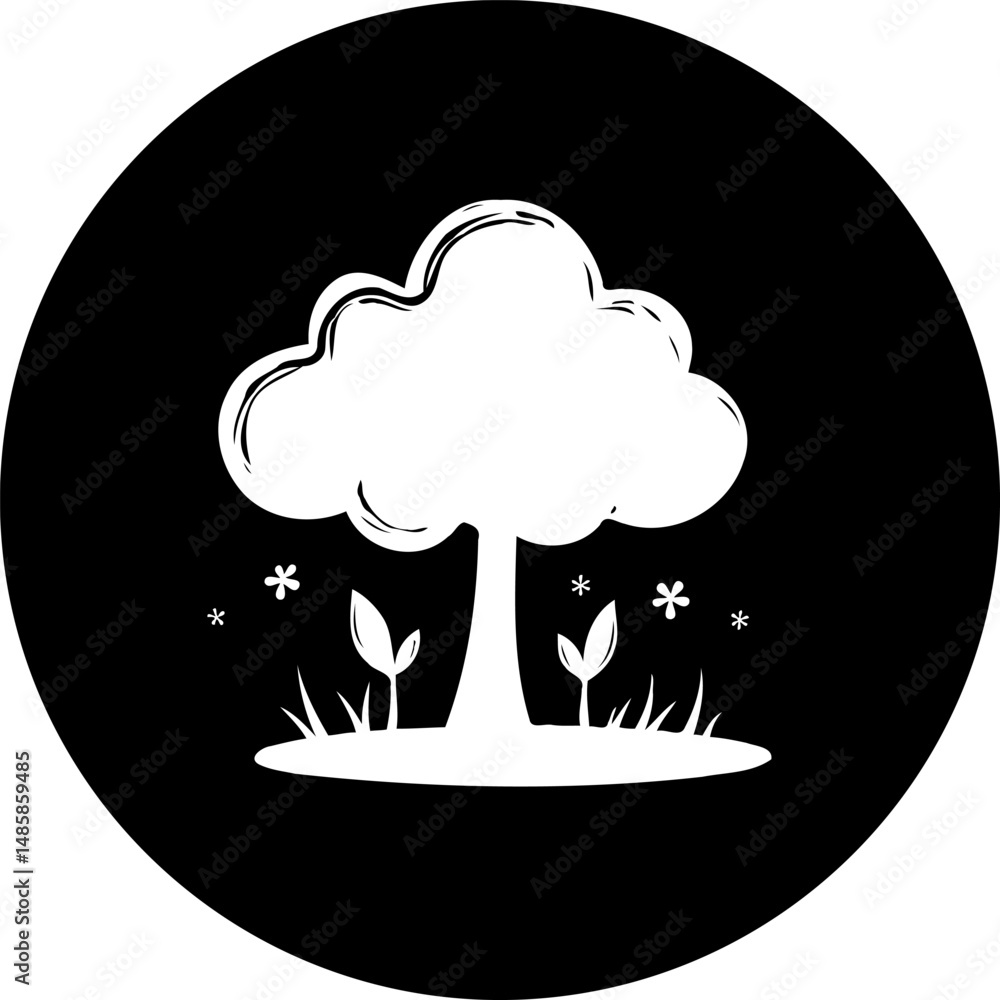 Aufkleber stylized depiction of a tree with seedlings in a circular monochrome format