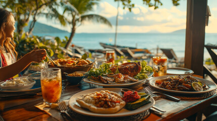 Naklejka premium A traveler enjoys authentic coastal cuisine at a beachside restaurant