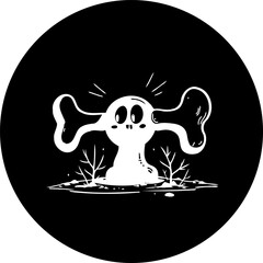 Whimsical spectral character emerging under bones in monochrome artwork