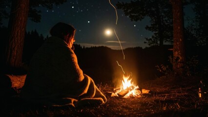 Person wrapped in a blanket near a campfire at night
