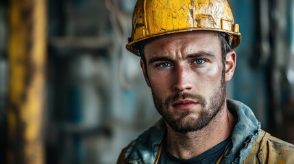 A young man wearing a yellow hard hat, standing in front of a industrial setting with blue and yellow machinery.