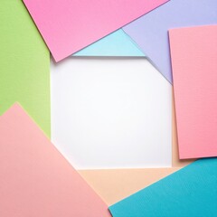 A vibrant assortment of colorful paper pieces in various shapes and sizes scattered playfully across a clean white background, creating a lively visual contrast.