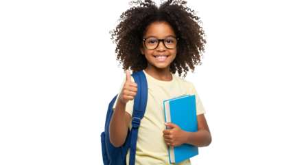 Smiling young kid girl black male afro hair student holding a book and showing thumb up sign, isolated on transparent background