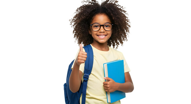 Smiling young kid girl black male afro hair student holding a book and showing thumb up sign, isolated on transparent background