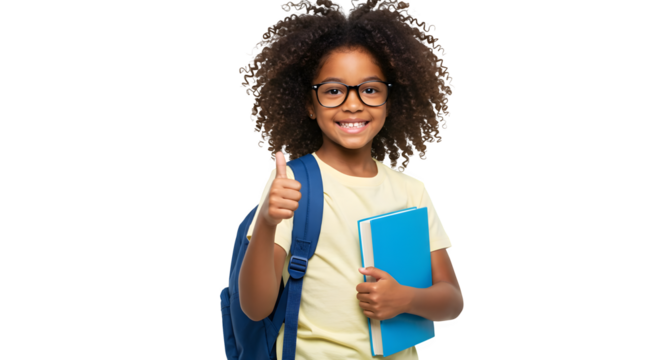 Smiling young kid girl black male afro hair student holding a book and showing thumb up sign, isolated on transparent background - Powered by Adobe