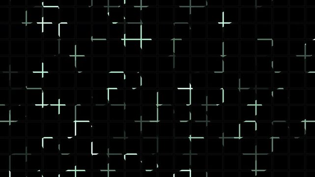 Glowing green plus symbols flicker against deep black background, creating a futuristic grid pattern ideal for medical tech, data visualization, or scientific research concepts.