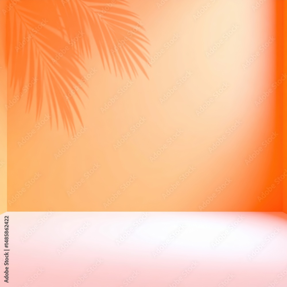 Poster a minimalist empty room featuring a large palm tree shadow cast on the wall, creating a serene and t