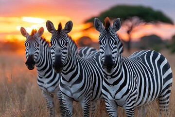 Fototapeta premium A group of zebras in the African savanna against an orange sunset sky, with acacia trees and rocks on both sides.