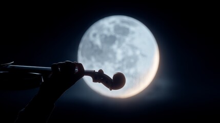 Celestial Music Performance under the Full Moon with Violin Silhouette in Romantic Night Sky Atmosphere