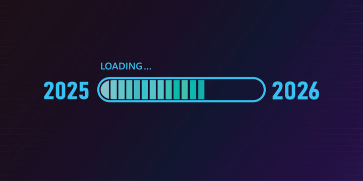 Blue loading bar from 2025 to 2026 on a dark blue and black background. New Year concept