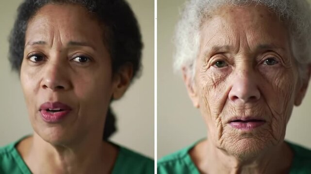 Splitscreen Portrait of African American Caregiver in Green Scrubs and Elderly Caucasian Woman Close-up Showing Compassionate Interaction and Support