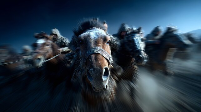 Massive cavalry line of Mongol warriors charging powerfully across the steppe