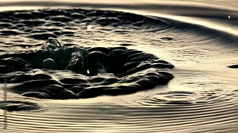 Poster water cascading into a pool, creating ripples and splashes with reflection in liquid, creating a cir