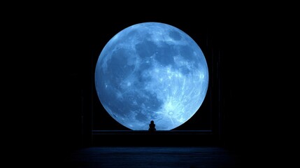 Naklejka premium A Solitary Figure Gazes at a Massive Blue Moon Illuminating a Dark Sky in a Serene and Enigmatic Night Scene