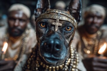 Mummification ritual featuring Anubis priests and incense smoke in a torch-lit chamber