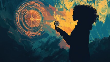 young woman silhouette holding compass against abstract backgrou