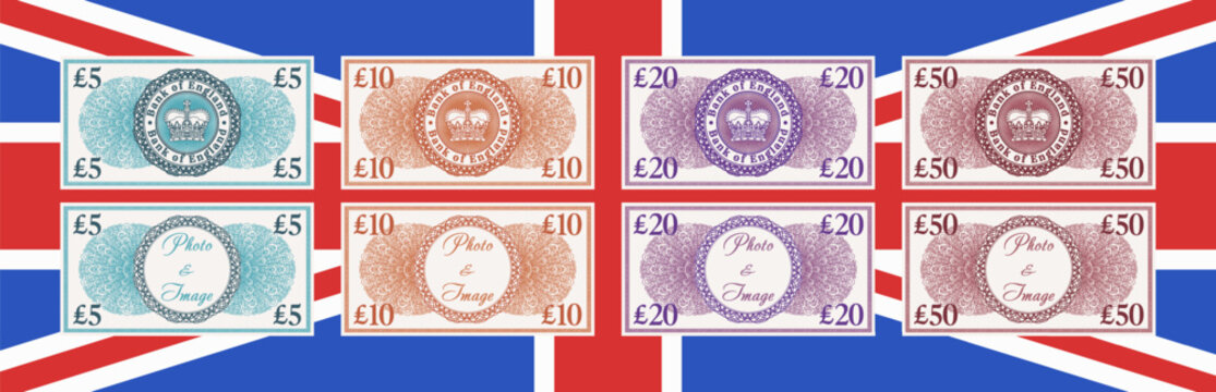 Vector set of England play money. Collection of vintage symmetrical banknotes of 5, 10, 20 and 50 pounds. Retro imperial patterned notes. Royal crown and empty circle in center. Samples and template