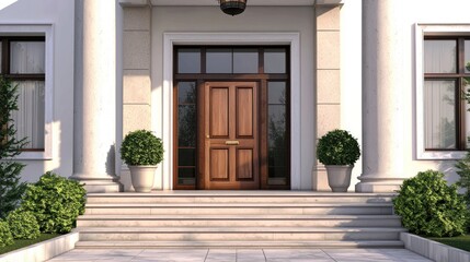 A grand, white, classical-style mansion with a wooden front door and columns, surrounded by lush greenery and a well-maintained garden.