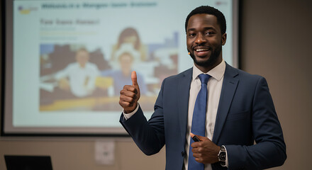 Confident Businessman Giving Presentation, Thumbs Up