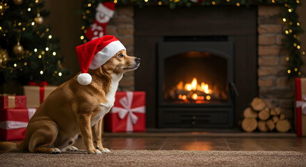 Puppy, Chihuahua, Winter, Cute Dog in Santa Hat by Fireplace at Christmas