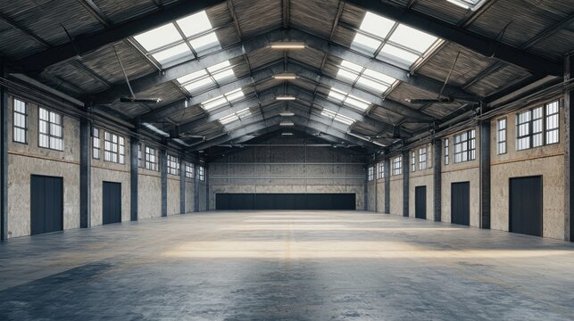 A large, empty warehouse with high ceilings and exposed beams, featuring a concrete floor and a large, open space with a high ceiling.