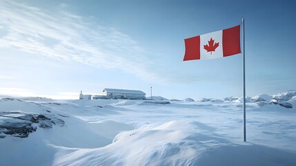 Canadian flag waving over snowy landscape with distant building against blue sky
