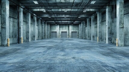 A large, empty warehouse with concrete walls and high ceilings, featuring three large, gray, industrial-style doors and a concrete floor.