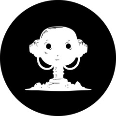 Monochrome graphic illustration of abstract robot character in simple design