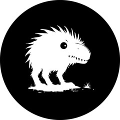 Stylized creature illustration in monochrome within a circular backdrop
