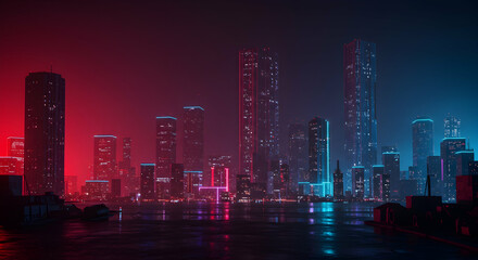 Lights, Skyscrapers, Buildings, Neon Cityscape at Night