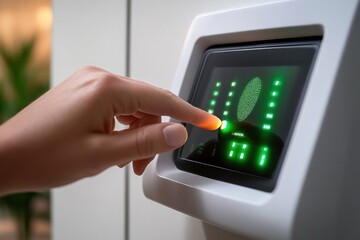 Close-up of finger scanning on a touchscreen biometric fingerprint scanner with green illuminated digital interface