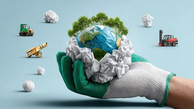 Protecting Our Planet: A gloved hand gently cradles a miniature Earth adorned with lush green trees, surrounded by crumpled paper representing waste.