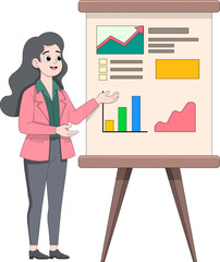Businesswoman Presenting Data Charts on Flip Chart