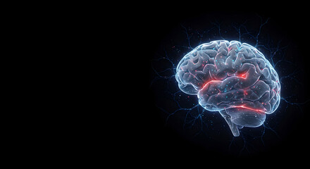 Neurons, Neurology, Neuroscience, Illuminated Human Brain with Neural Pathways