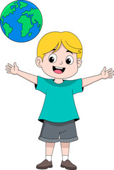 Happy Child Promoting World Peace and Unity with Earth Illustration