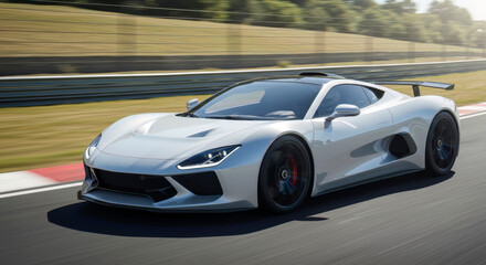Silver Supercar Speeding on Race Track Dynamic Motion Blur